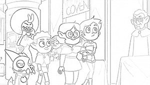 Luz, Willow, Gus, King, and Eda coloring page The Owl House