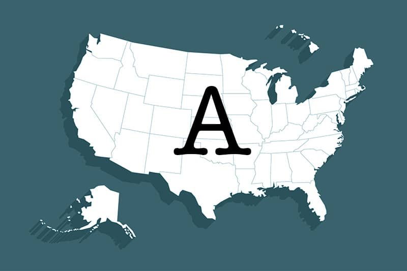 states that start with A, a giant letter A sits in the center of a black and white US map set against a blue-green background