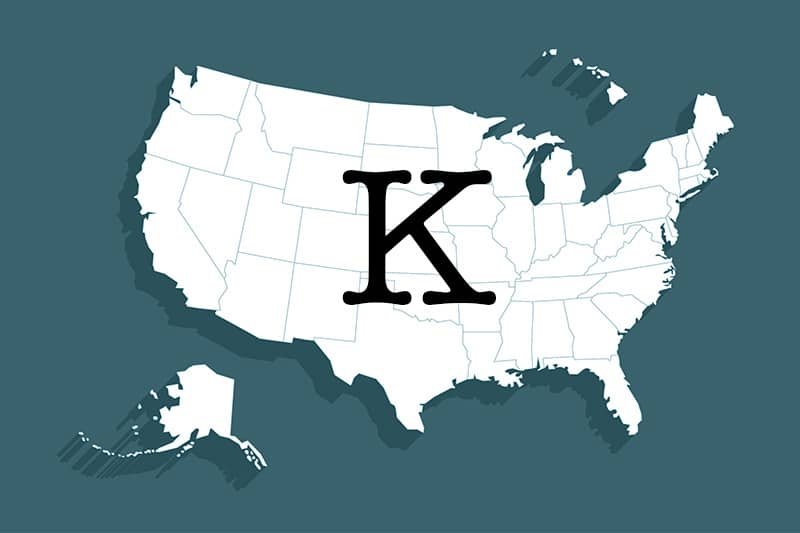 states that start with K, a giant letter K sits in the center of a black and white US map set against a blue-green background