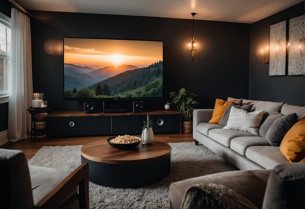 A cozy living room with a large screen TV, surround sound speakers, and comfortable seating. Dimmed lights and a bowl of popcorn complete the perfect home theater experience