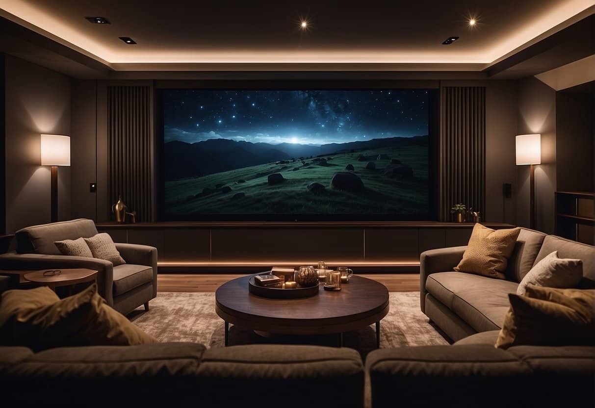 A cozy home theater with plush seating, dim lighting, and surround sound speakers for the ultimate cinematic experience