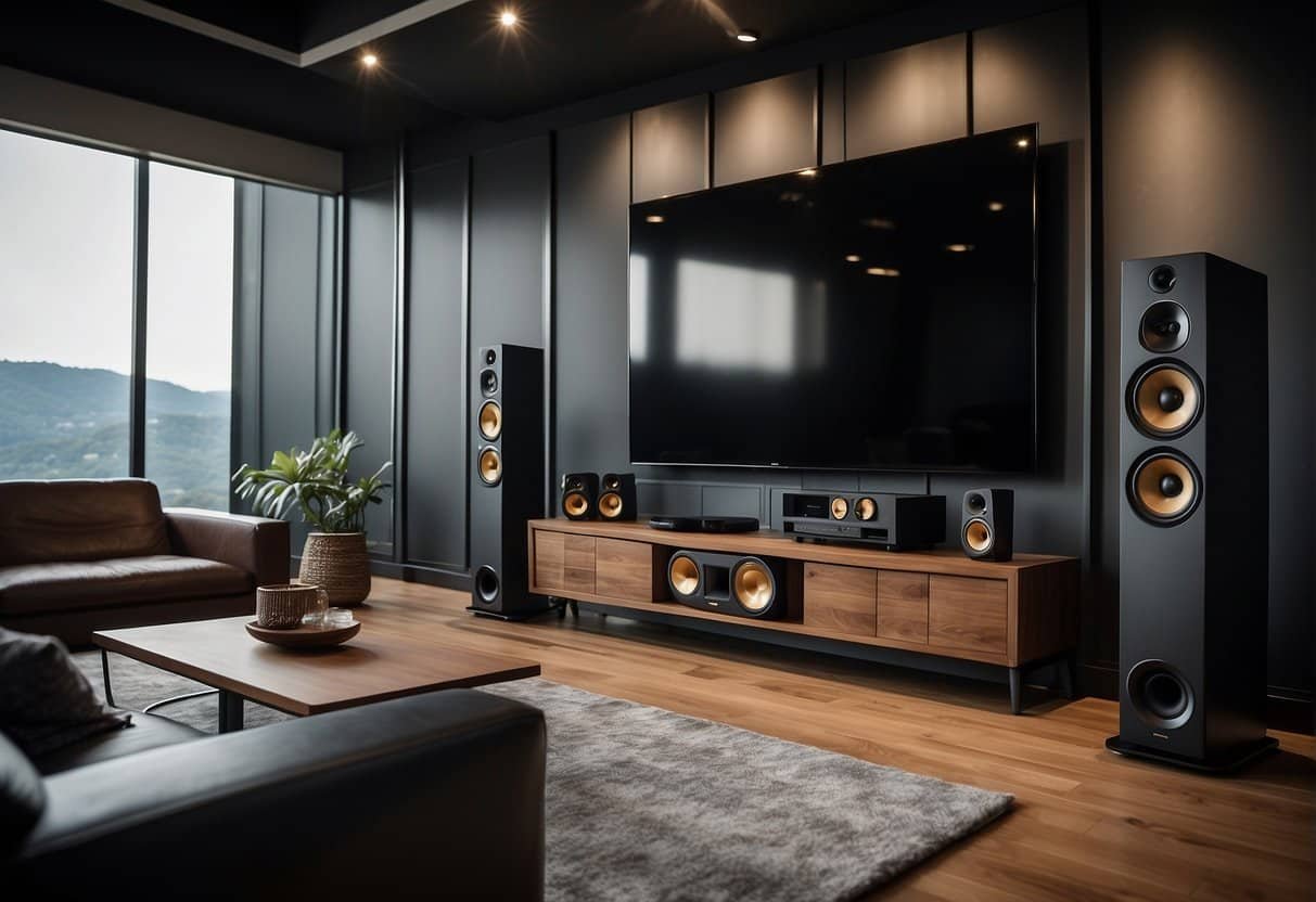 A sleek home theater system fills the room, with speakers positioned strategically for optimal audio performance. The high-tech equipment creates an immersive experience for the viewer