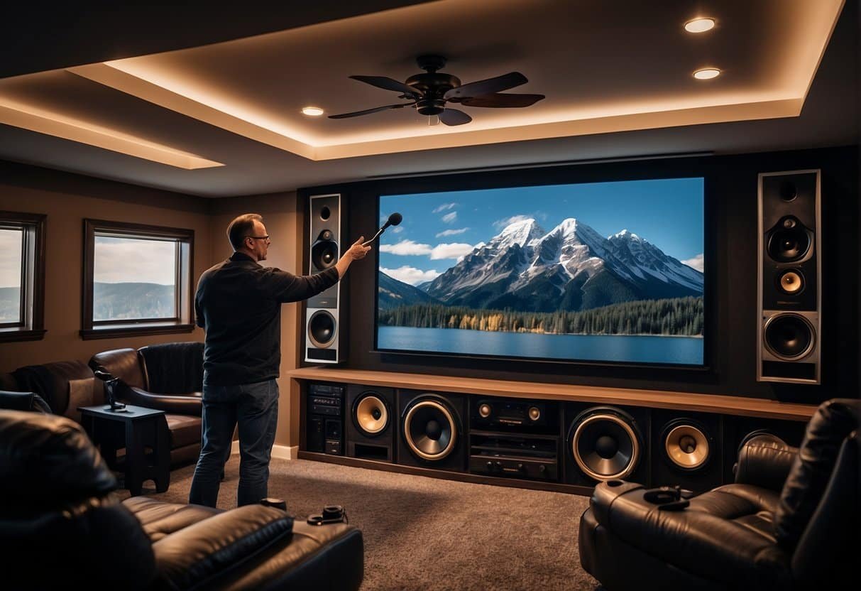 A technician installs new speakers and adjusts projector for the ultimate home theater experience