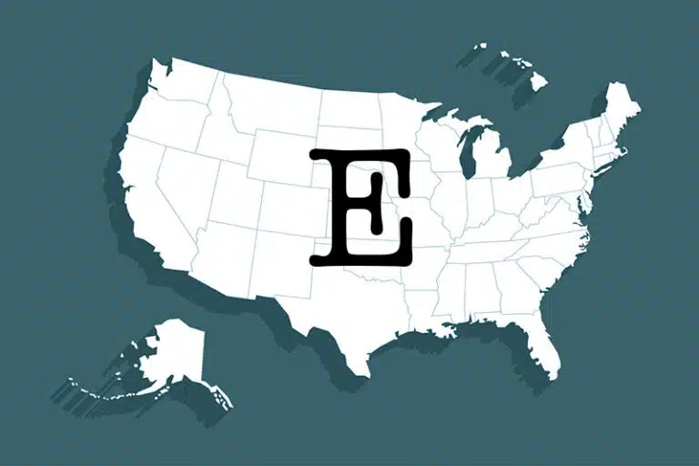 states that start with E, a giant letter E sits in the center of a black and white US map set against a blue-green background